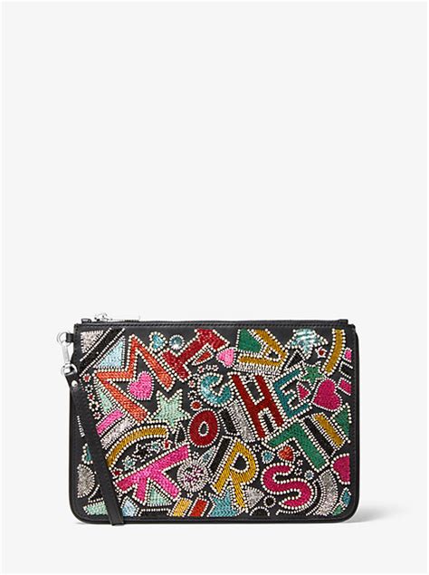 michael kors large party bead leather zip pouch|MICHAEL Michael Kors Astor Large Studded Leather Pouchette.